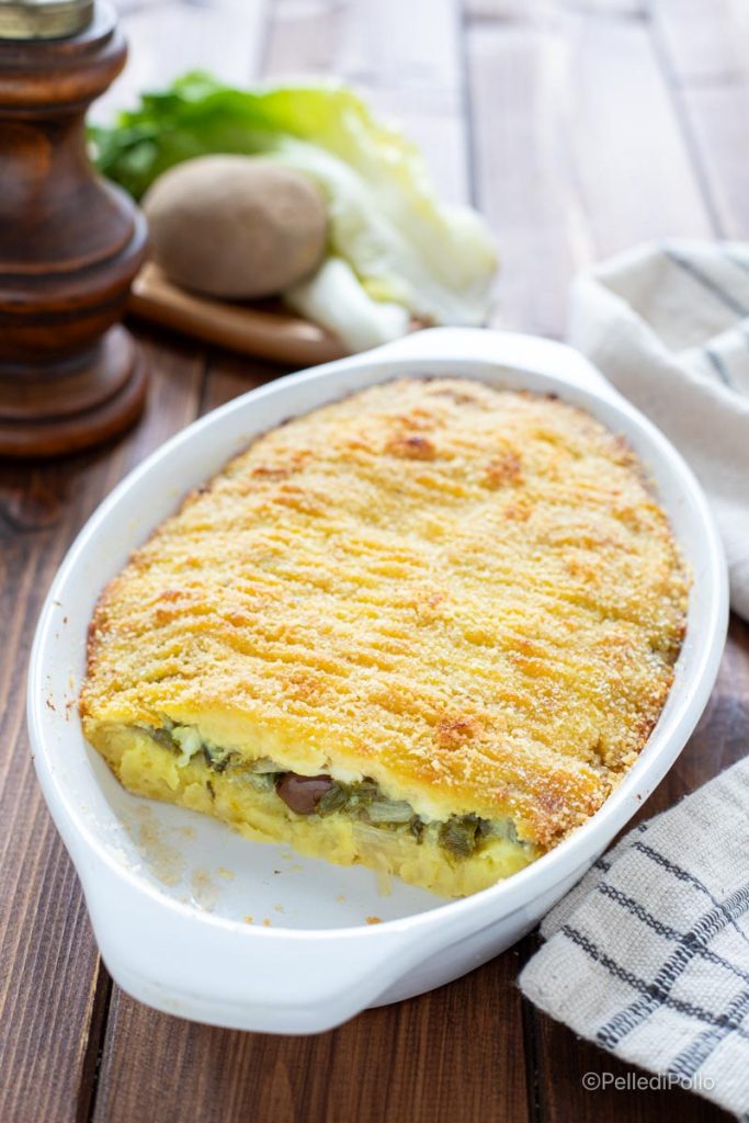 sformato de batatas com escarola e azeitonas