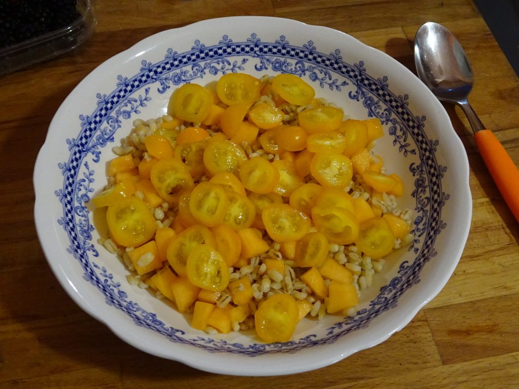 Salada de cevada, amoras e melão