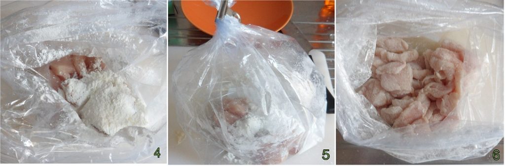 Pedaços de peito de frango ao açafrão com ervilhas 2 enfarinhar o frango