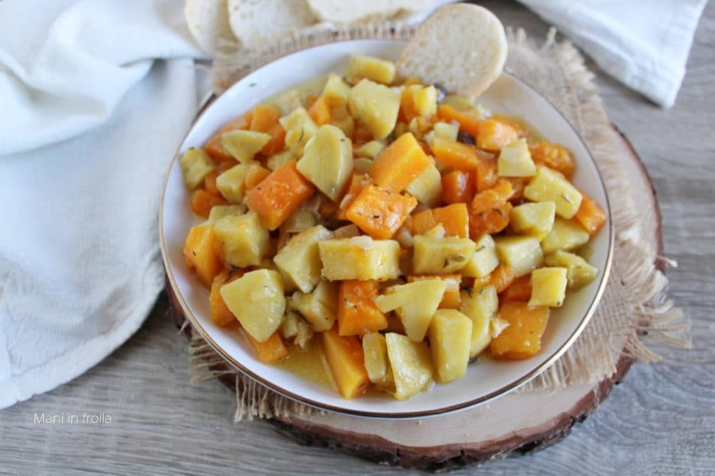 Acompanhamento de Abóbora, Alho-poró e Batatas na Panela