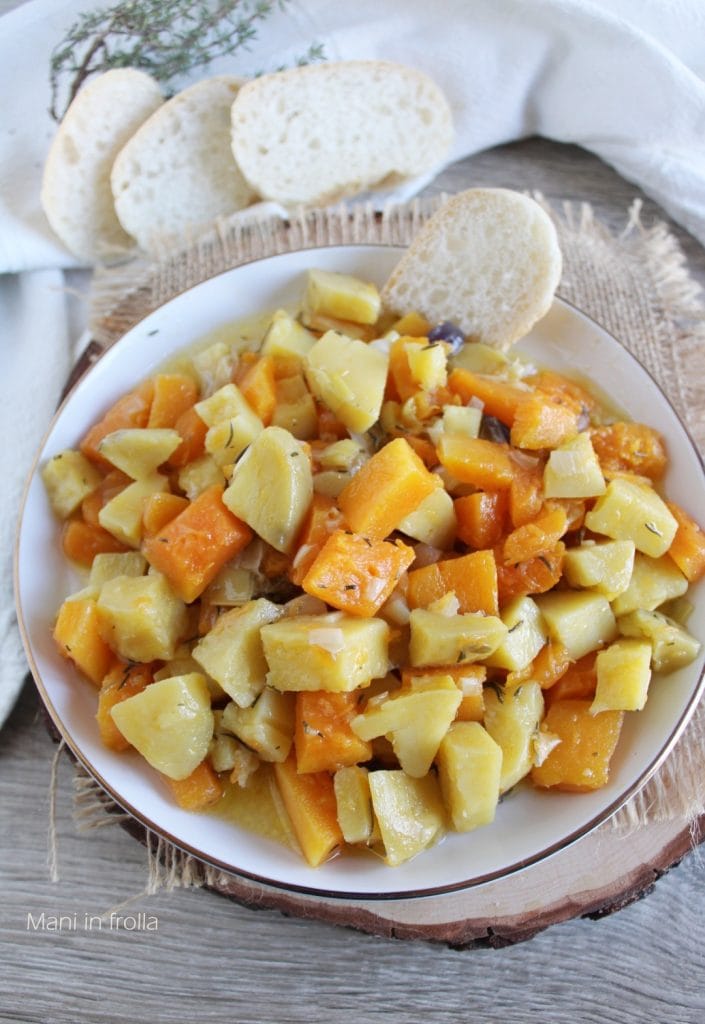 Acompanhamento de Abóbora, Alho-poró e Batatas na Panela