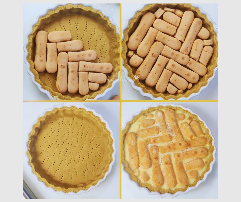 Preparação da torta beneventana: base de massa perfurada, disposição dos biscoitos champagne em espinha de peixe e creme derramado antes de assar