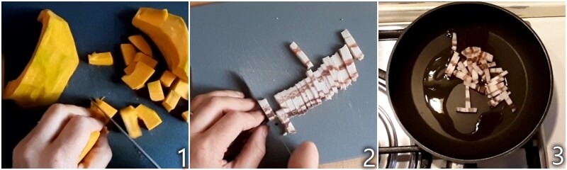 a. fritar o bacon e cortar a abóbora delica em cubos