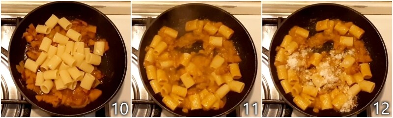 d. misturar o macarrão com a abóbora e o bacon com água de cozimento e pecorino