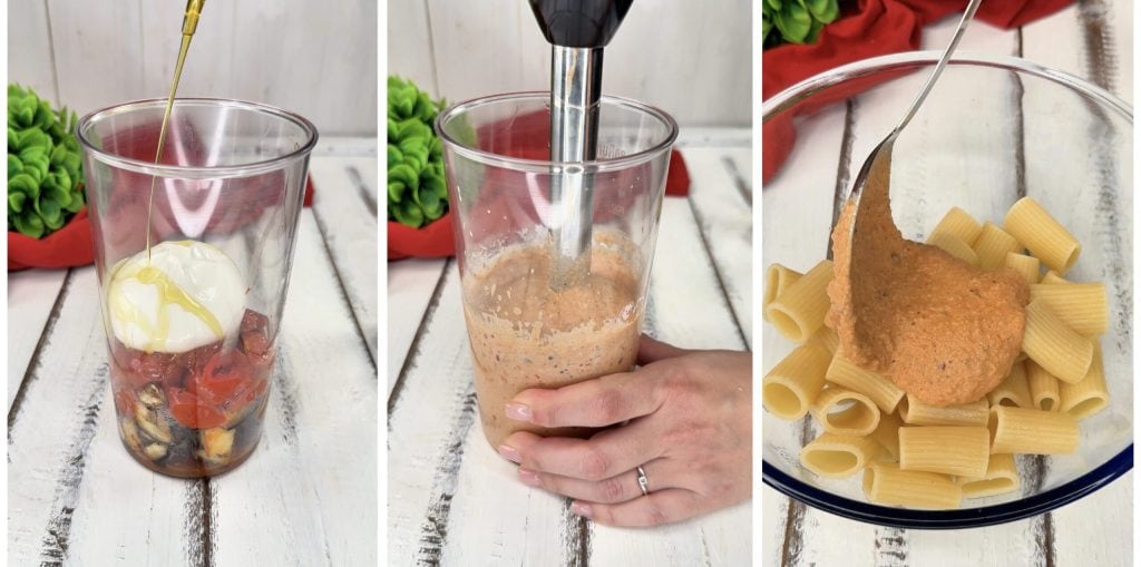 Massa com creme de berinjela, tomatinhos e burrata