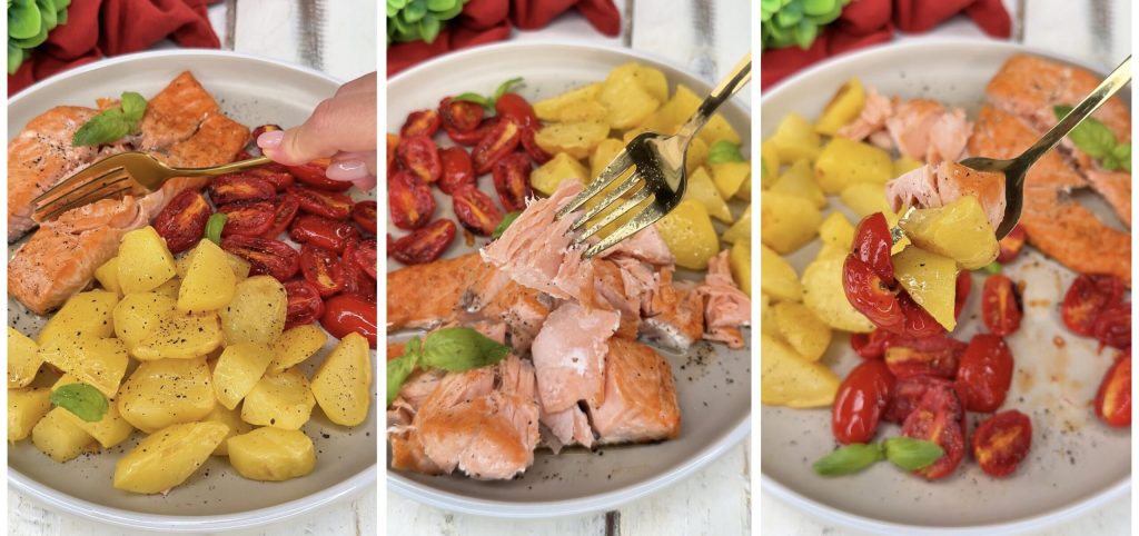 Salmão com batatas e tomatinhos na fritadeira elétrica