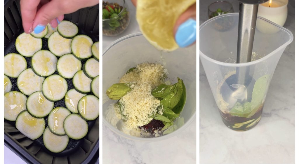 Massa rosa com creme de beterraba, robiola e abobrinha cozida na fritadeira sem óleo