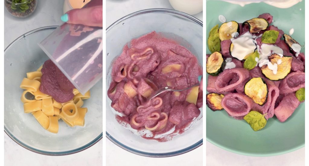 Massa rosa com creme de beterraba, robiola e abobrinha cozida na fritadeira sem óleo