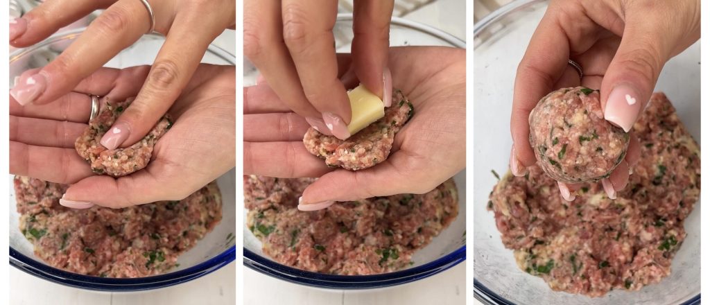 Almôndegas de carne com queijo na fritadeira a ar
