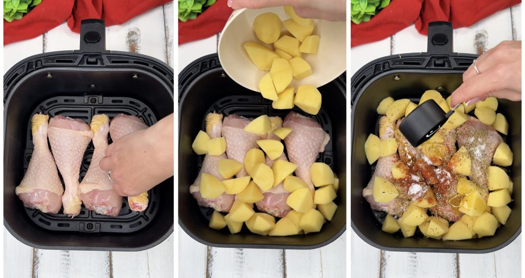 Coxas de frango com batatas na fritadeira elétrica