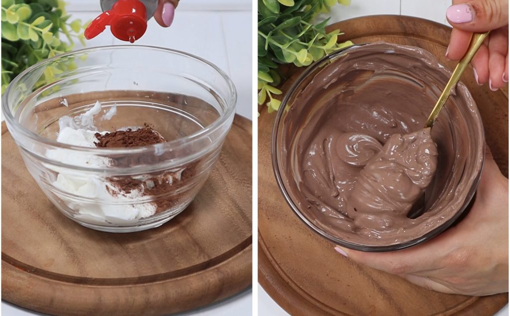 Crepes de claras com creme de iogurte e cacau