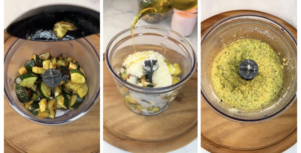 Bruschettas na fritadeira a ar com creme de abobrinha, stracciatella e tomatinhos