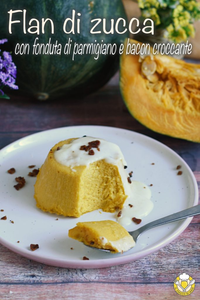 v_ flan de abóbora com fondue de parmesão e bacon crocante receita tortinha de abóbora porção única macia aveludada entrada chique