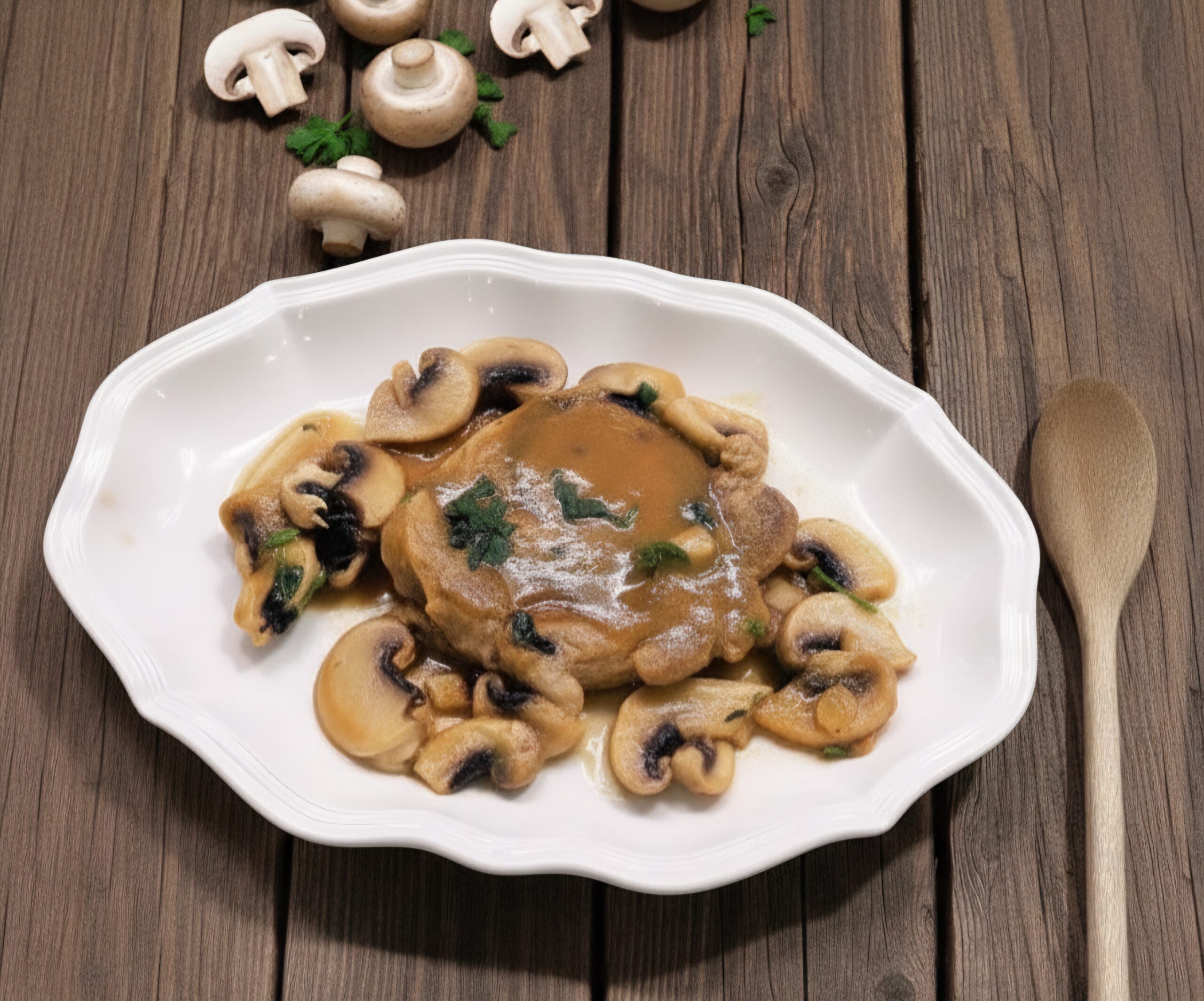 Filé de carne com cogumelos champignon