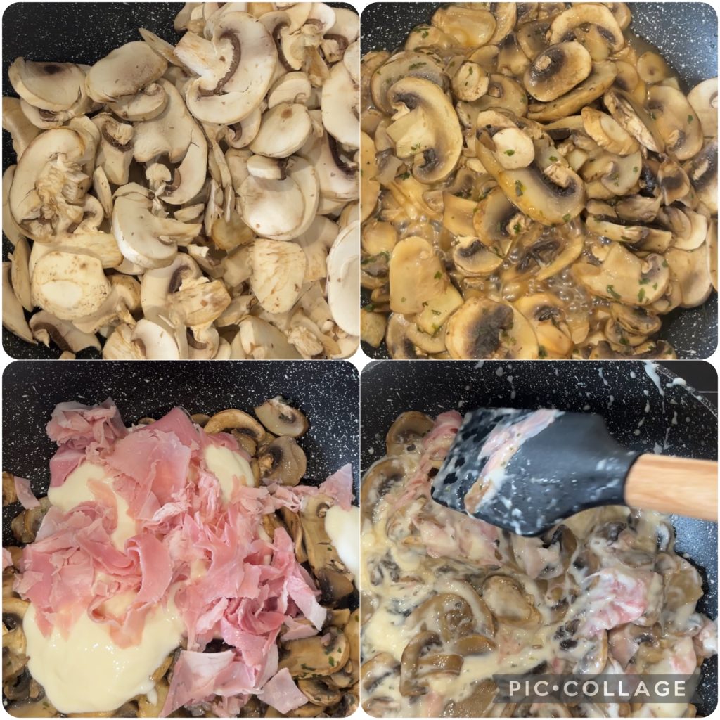 Cestinhos de lasanha com presunto e cogumelos