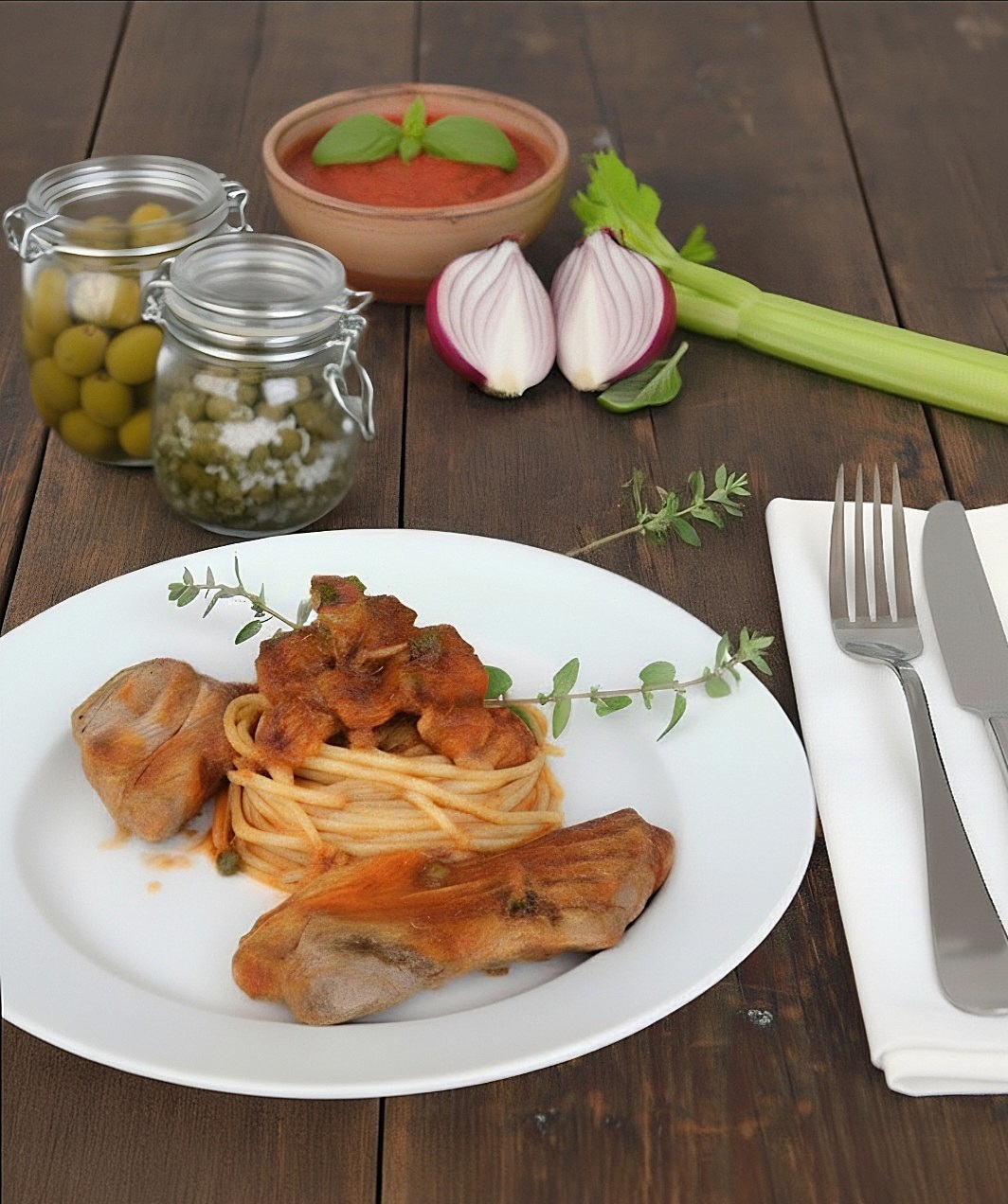 Espaguete quadrado com ragu de atum