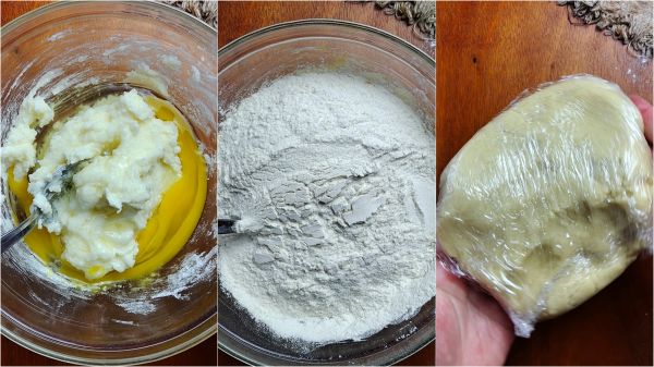 adicione ovo, farinha e fermento, amasse, envolva a massa no filme e deixe descansar na geladeira