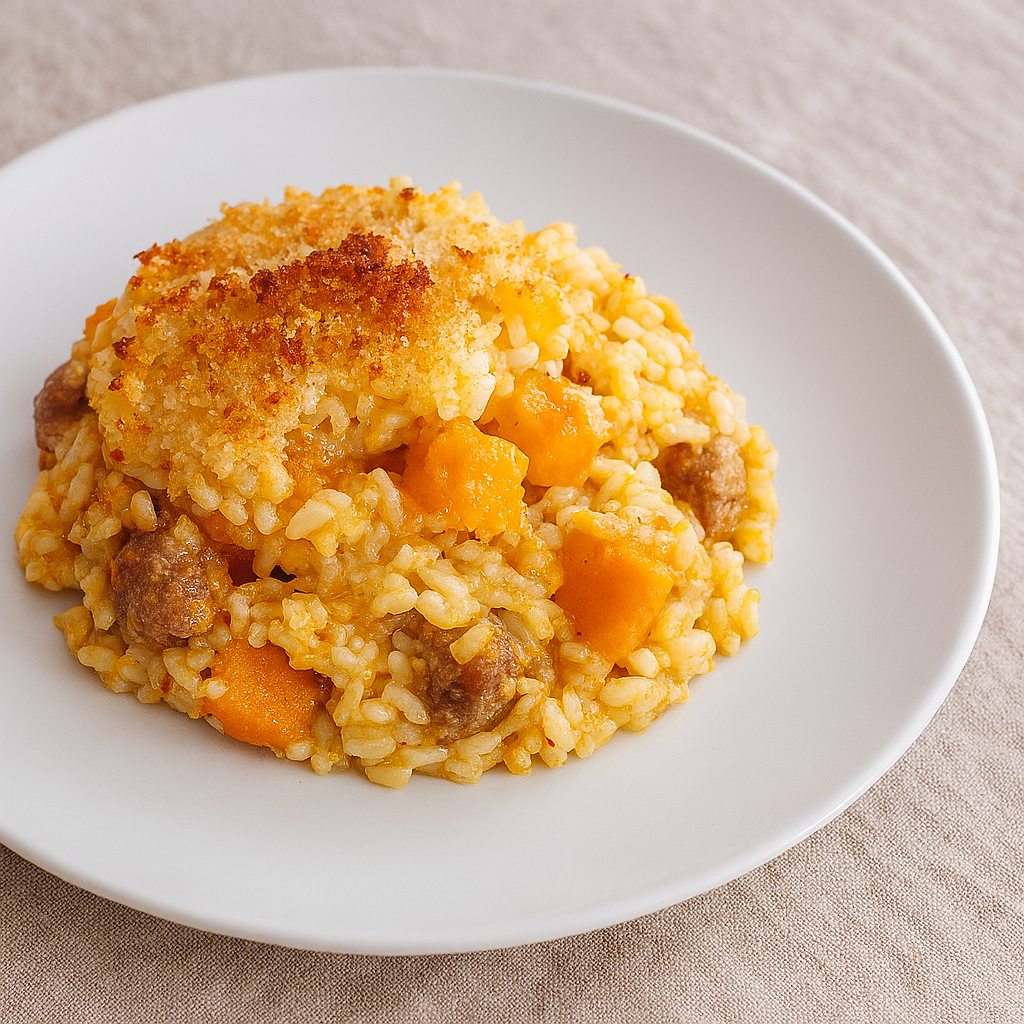 arroz de forno com abóbora e linguiça