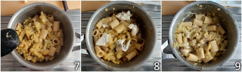 c. misturar o macarrão com a couve-flor e com os cubos de gorgonzola