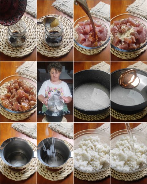 coloque o salmão para marinar e cozinhe o arroz na panela até absorção