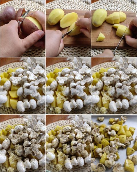 corte as batatas em pedaços e tempere tudo em uma bacia