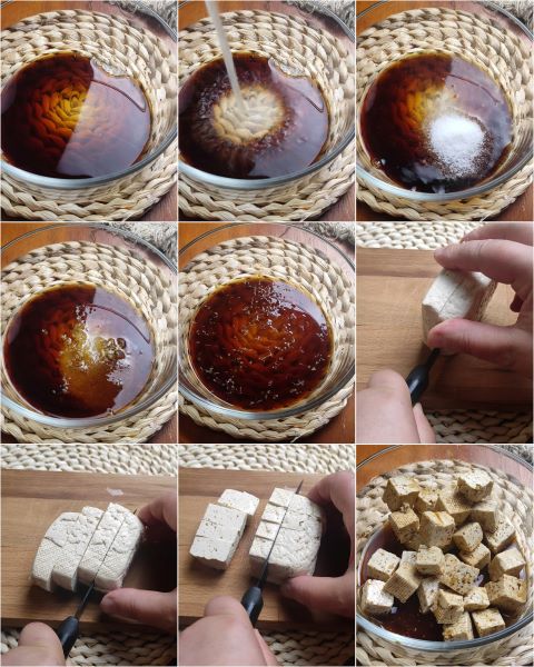 corte o tofu em cubos e deixe marinar na emulsão