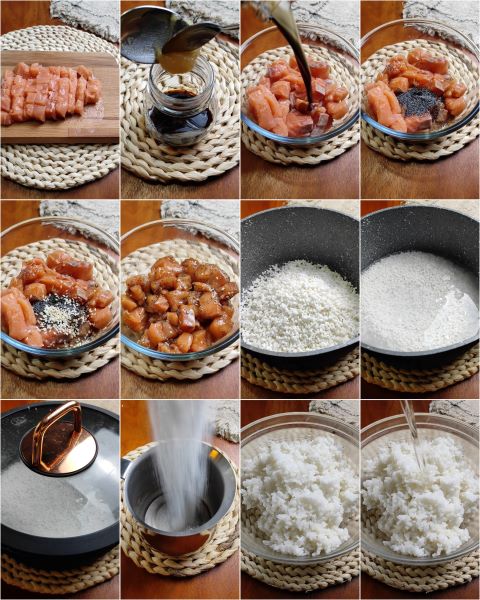 cozinhe o arroz na panela e coloque o salmão cortado em cubos para marinar