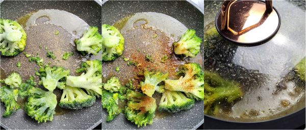 cozinhe os brócolis na frigideira por 10 minutos com a tampa