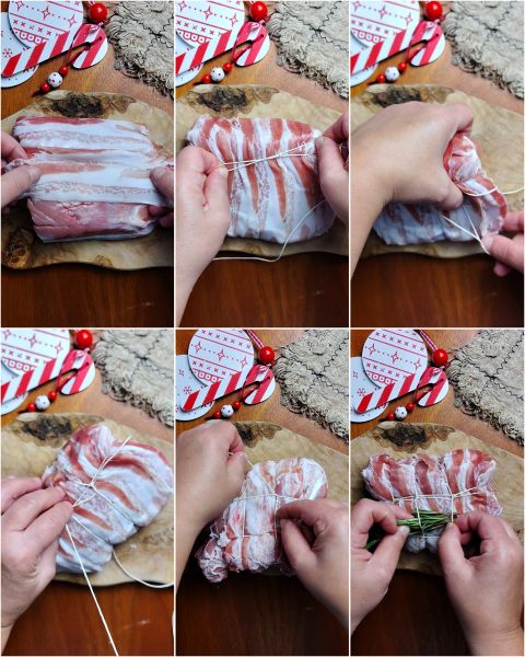 cubra o pedaço de carne com bacon e amarre com barbante