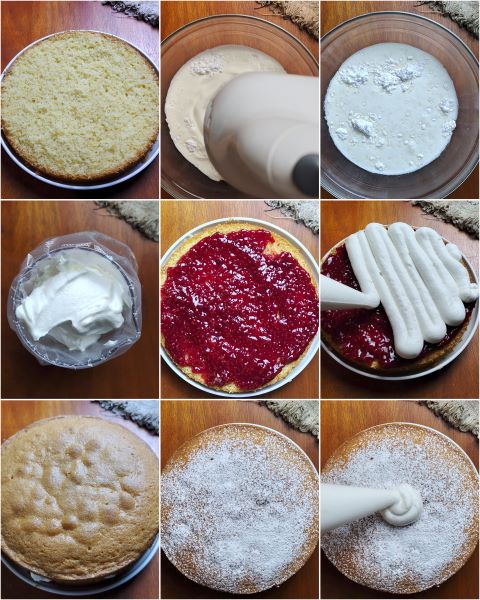 decore o bolo pela metade e recheie com geleia e chantilly