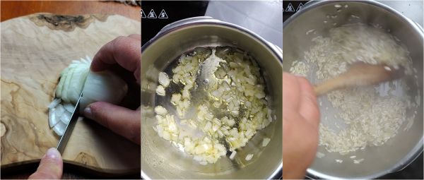 rosolate la cipolla, tostate il riso e sfumate con il vino bianco