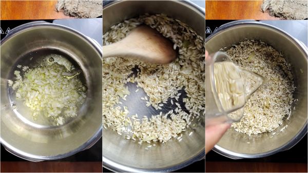 doure a cebola, toste o arroz e deglaçar com o vinho