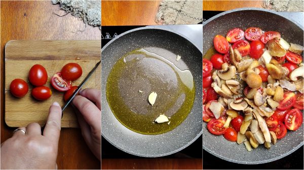 limpe o alho, os tomatinhos e os cogumelos e cozinhe-os na frigideira