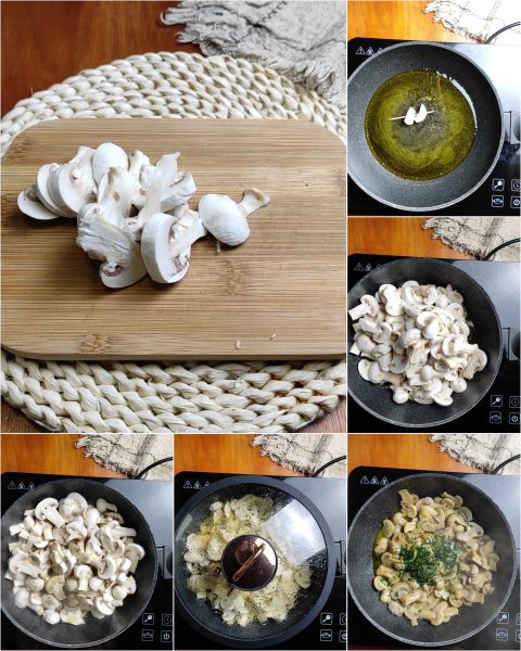 limpe os cogumelos e cozinhe-os na frigideira ajustando o sal e a pimenta