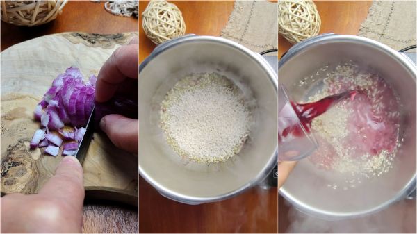 picar a cebola, dourá-la, torrar o arroz e evapora com o vinho