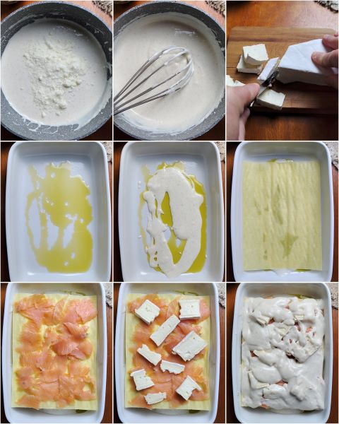 preparação da lasanha de salmão defumado