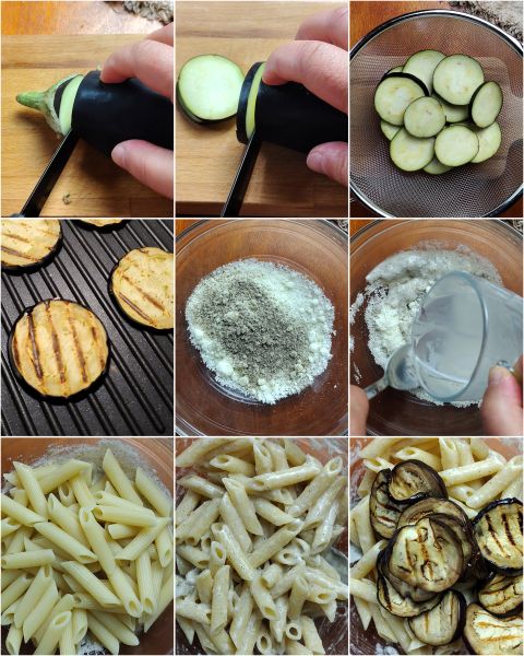 preparação da pasta cacio e pepe com berinjela