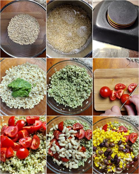 preparação da salada de cevada com tomatinhos milho e azeitonas