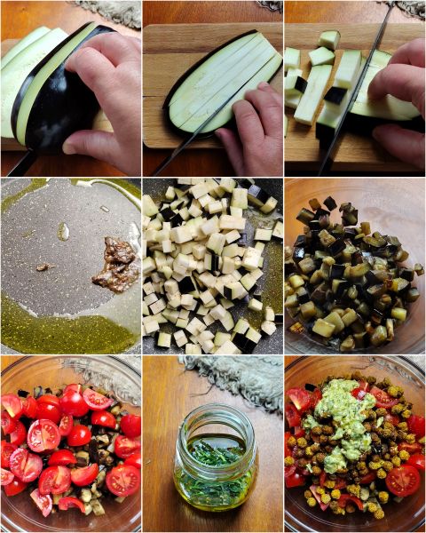 preparação da salada de grão-de-bico e berinjela