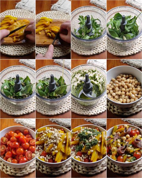 preparação da salada de grão-de-bico e tomatinhos