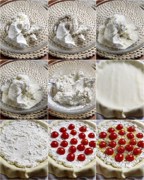 preparação da torta salgada de ricota e tomatinhos