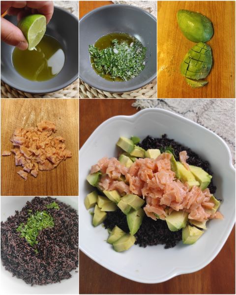 preparação do arroz venere com salmão e abacate