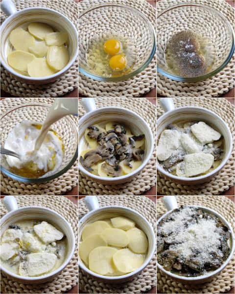 preparação do gratinado de cogumelos e batatas