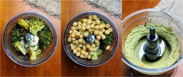 preparação do hummus de grão-de-bico e brócolis