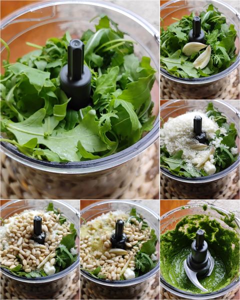 preparação do pesto de rúcula