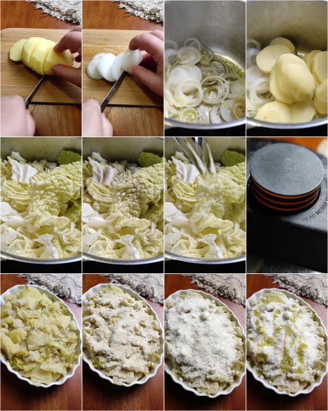 preparação do repolho e batatas ao forno