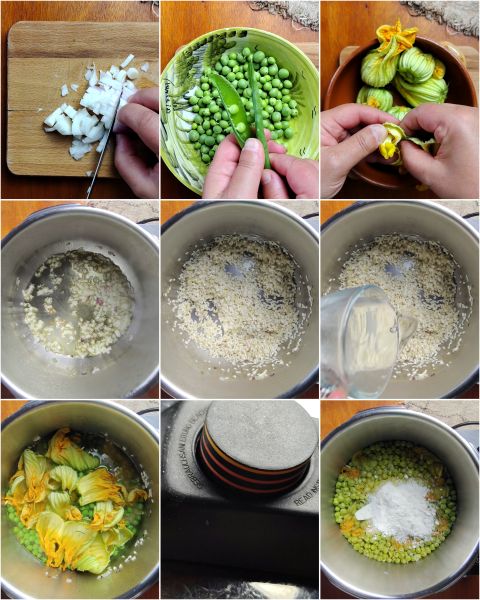 preparação do risoto com ervilhas e flores de abobrinha