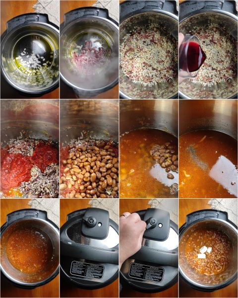 preparação do risoto com feijão e speck na panela de pressão elétrica