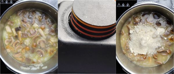 preparação do risoto de cogumelos com queijo de cabra e nozes