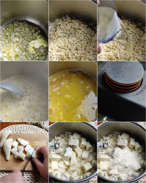 preparação do risoto gorgonzola pêras e nozes